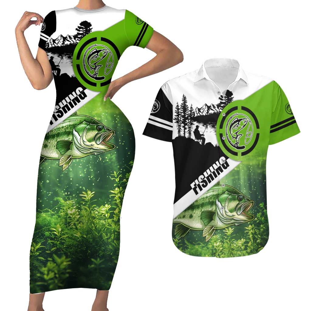 Green and Black Largemouth Bass Fishing Couples Matching Short Sleeve Bodycon Dress and Hawaiian Shirt Custom Name Design and Angler Silhouette Illustration - Wonder Print Shop