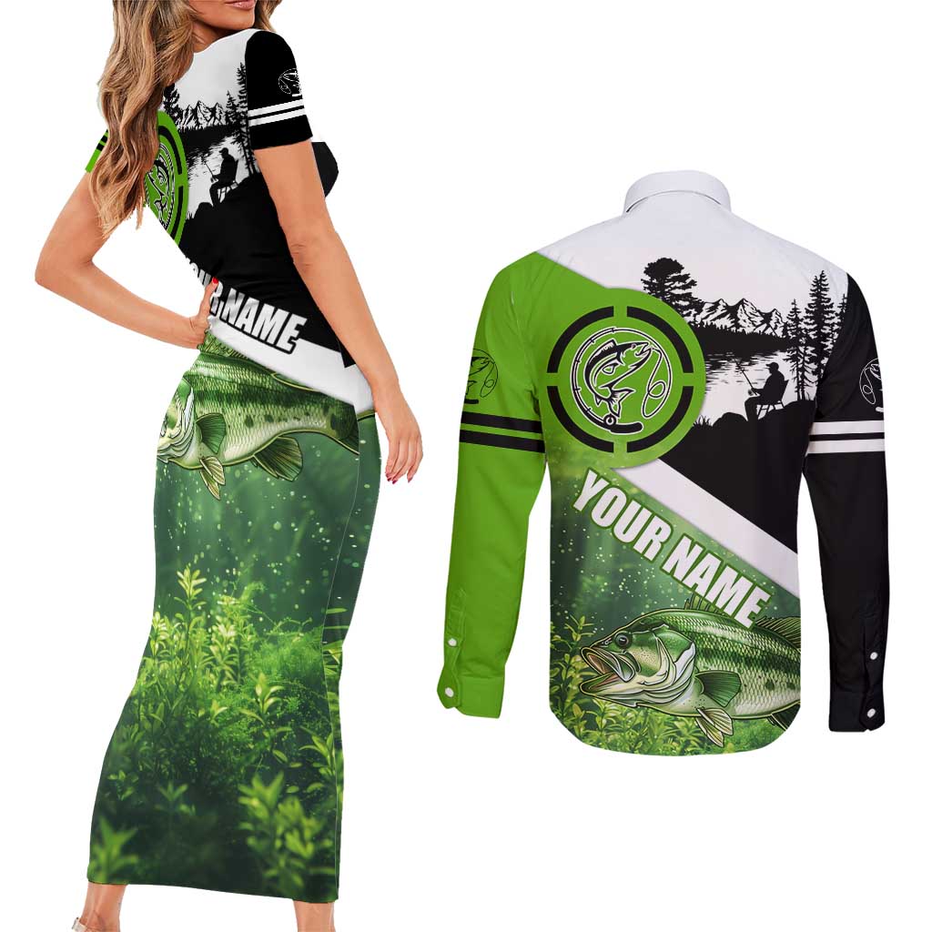 Green and Black Largemouth Bass Fishing Couples Matching Short Sleeve Bodycon Dress and Long Sleeve Button Shirt Custom Name Design and Angler Silhouette Illustration - Wonder Print Shop