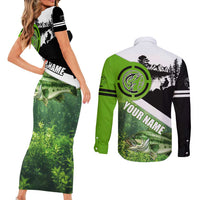 Green and Black Largemouth Bass Fishing Couples Matching Short Sleeve Bodycon Dress and Long Sleeve Button Shirt Custom Name Design and Angler Silhouette Illustration - Wonder Print Shop