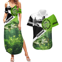 Green and Black Largemouth Bass Fishing Couples Matching Summer Maxi Dress and Hawaiian Shirt Custom Name Design and Angler Silhouette Illustration - Wonder Print Shop