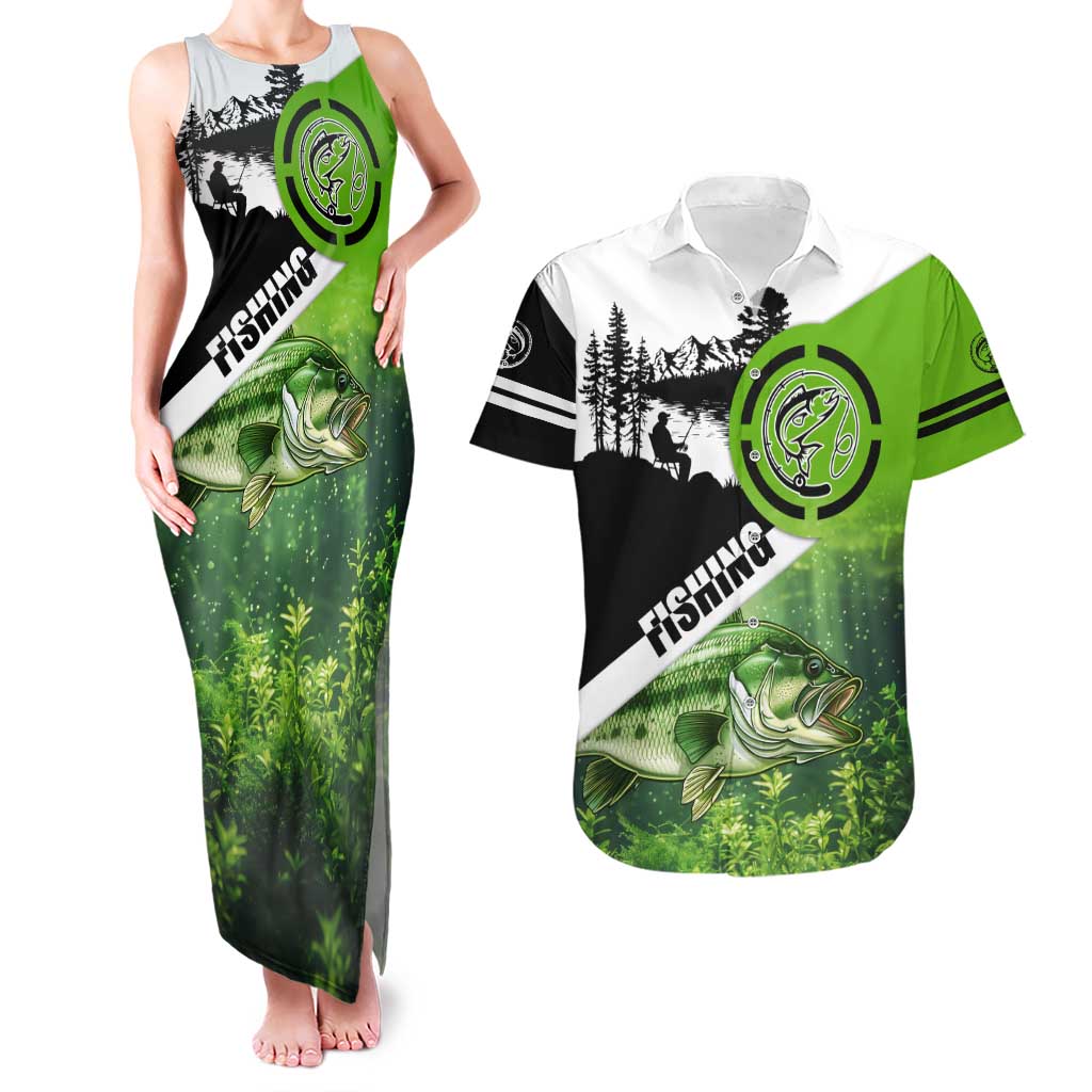 Green and Black Largemouth Bass Fishing Couples Matching Tank Maxi Dress and Hawaiian Shirt Custom Name Design and Angler Silhouette Illustration - Wonder Print Shop