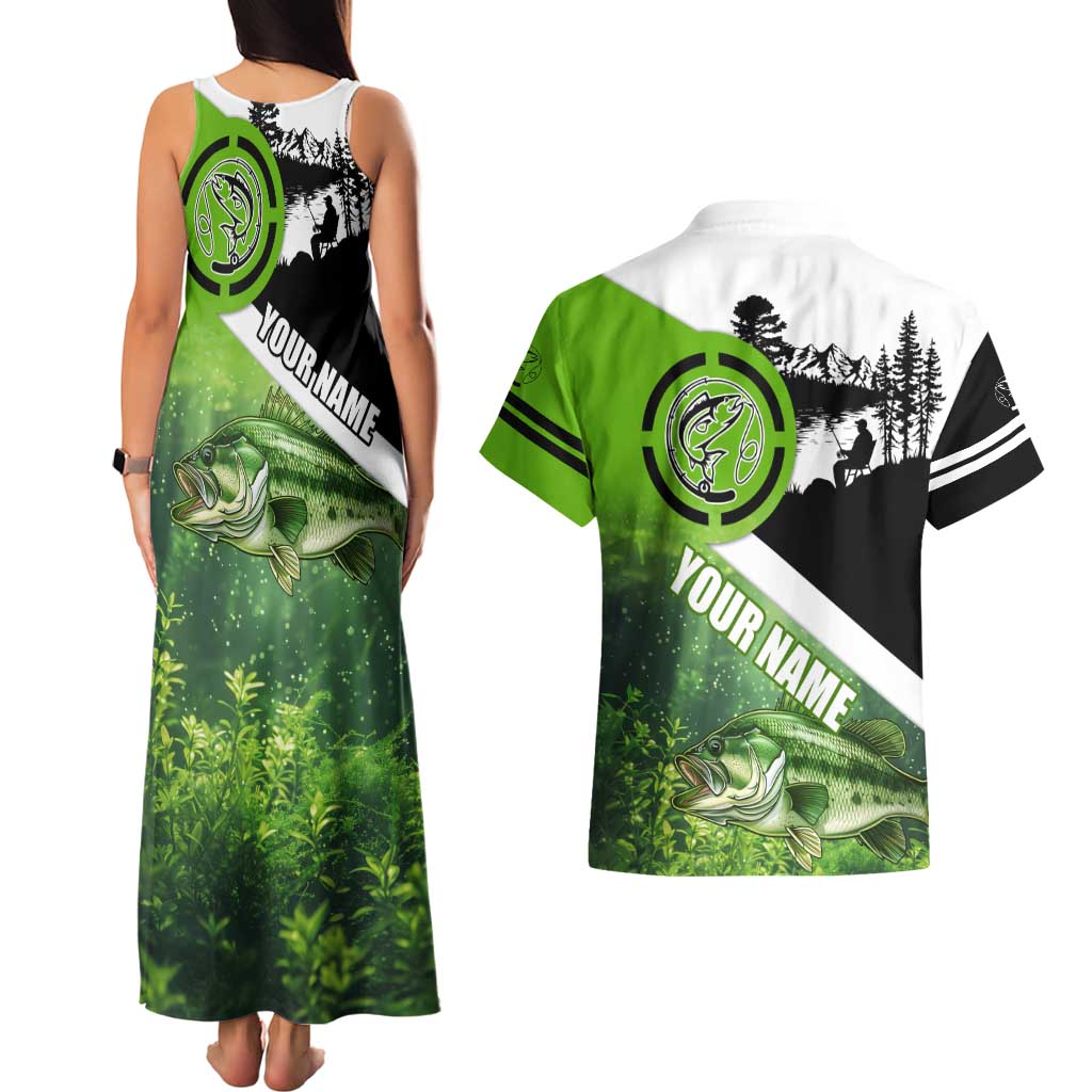 Green and Black Largemouth Bass Fishing Couples Matching Tank Maxi Dress and Hawaiian Shirt Custom Name Design and Angler Silhouette Illustration - Wonder Print Shop