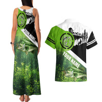 Green and Black Largemouth Bass Fishing Couples Matching Tank Maxi Dress and Hawaiian Shirt Custom Name Design and Angler Silhouette Illustration - Wonder Print Shop