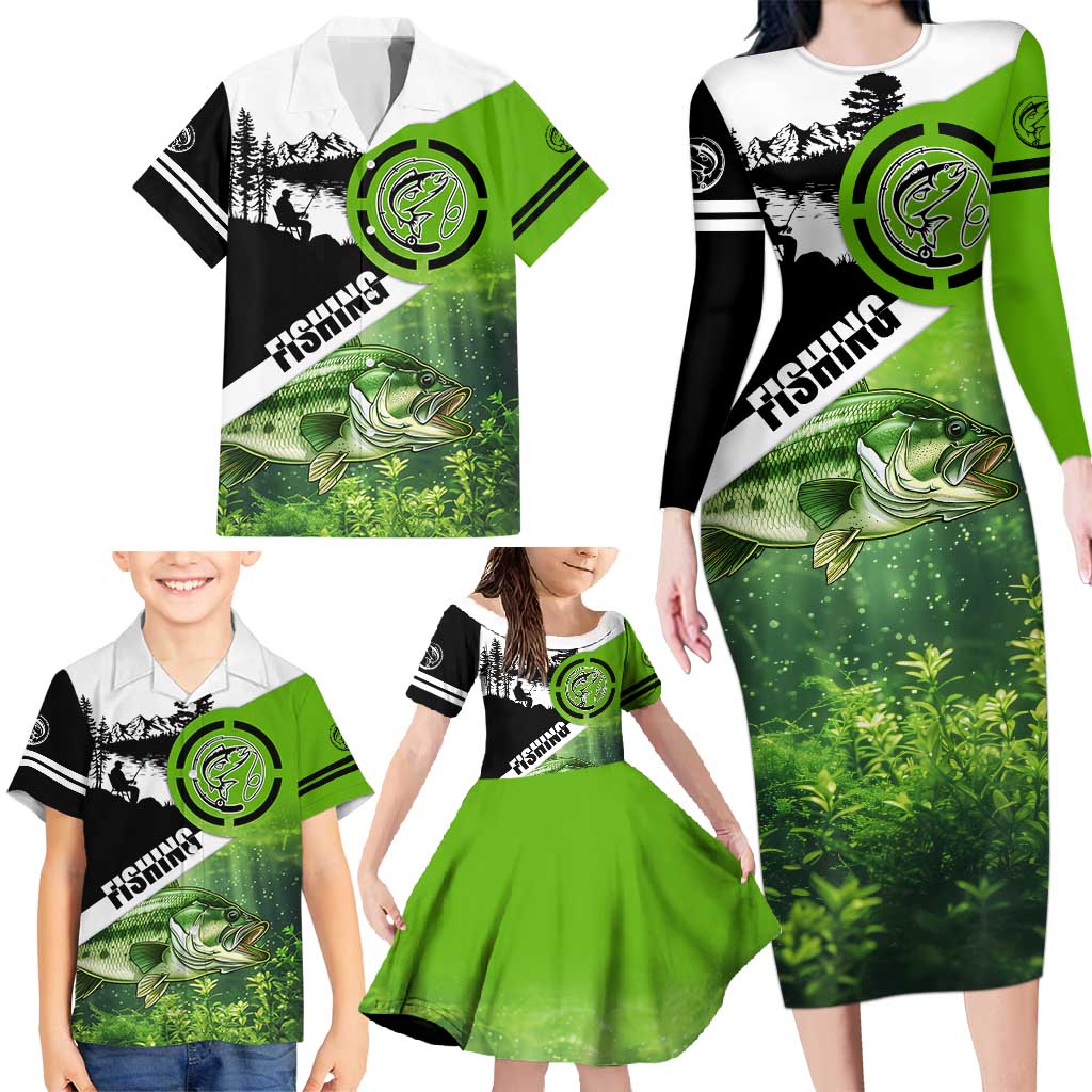 Green and Black Largemouth Bass Fishing Family Matching Long Sleeve Bodycon Dress and Hawaiian Shirt Custom Name Design and Angler Silhouette Illustration - Wonder Print Shop