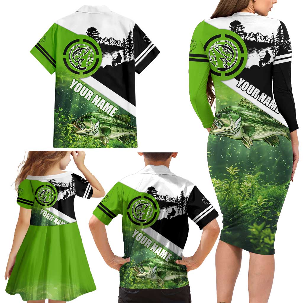 Green and Black Largemouth Bass Fishing Family Matching Long Sleeve Bodycon Dress and Hawaiian Shirt Custom Name Design and Angler Silhouette Illustration - Wonder Print Shop
