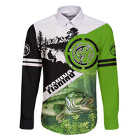 Green and Black Largemouth Bass Fishing Family Matching Long Sleeve Bodycon Dress and Hawaiian Shirt Custom Name Design and Angler Silhouette Illustration - Wonder Print Shop