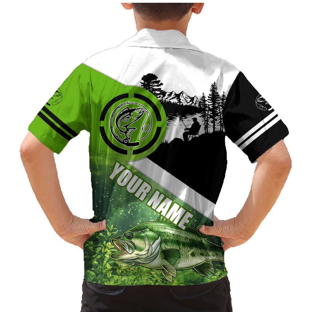 Green and Black Largemouth Bass Fishing Family Matching Mermaid Dress and Hawaiian Shirt Custom Name Design and Angler Silhouette Illustration - Wonder Print Shop