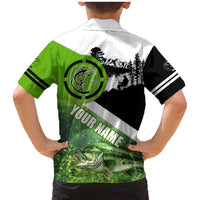 Green and Black Largemouth Bass Fishing Family Matching Mermaid Dress and Hawaiian Shirt Custom Name Design and Angler Silhouette Illustration - Wonder Print Shop