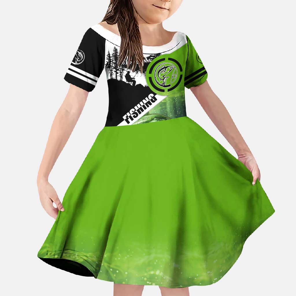 Green and Black Largemouth Bass Fishing Family Matching Mermaid Dress and Hawaiian Shirt Custom Name Design and Angler Silhouette Illustration - Wonder Print Shop