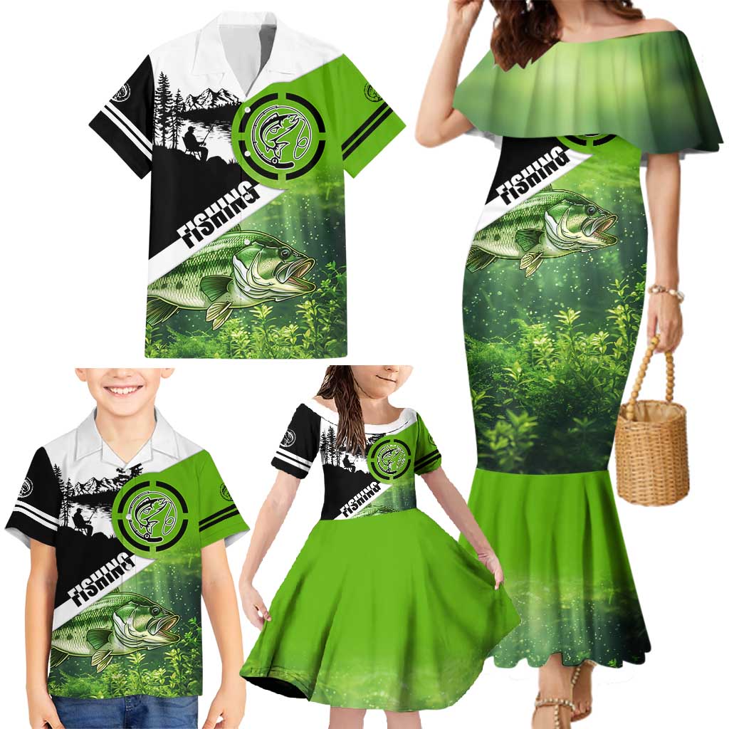 Green and Black Largemouth Bass Fishing Family Matching Mermaid Dress and Hawaiian Shirt Custom Name Design and Angler Silhouette Illustration - Wonder Print Shop