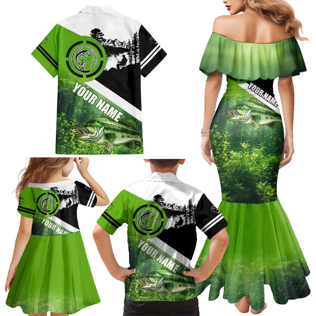 Green and Black Largemouth Bass Fishing Family Matching Mermaid Dress and Hawaiian Shirt Custom Name Design and Angler Silhouette Illustration - Wonder Print Shop