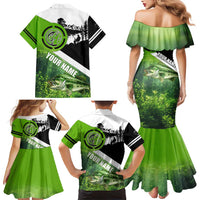 Green and Black Largemouth Bass Fishing Family Matching Mermaid Dress and Hawaiian Shirt Custom Name Design and Angler Silhouette Illustration - Wonder Print Shop