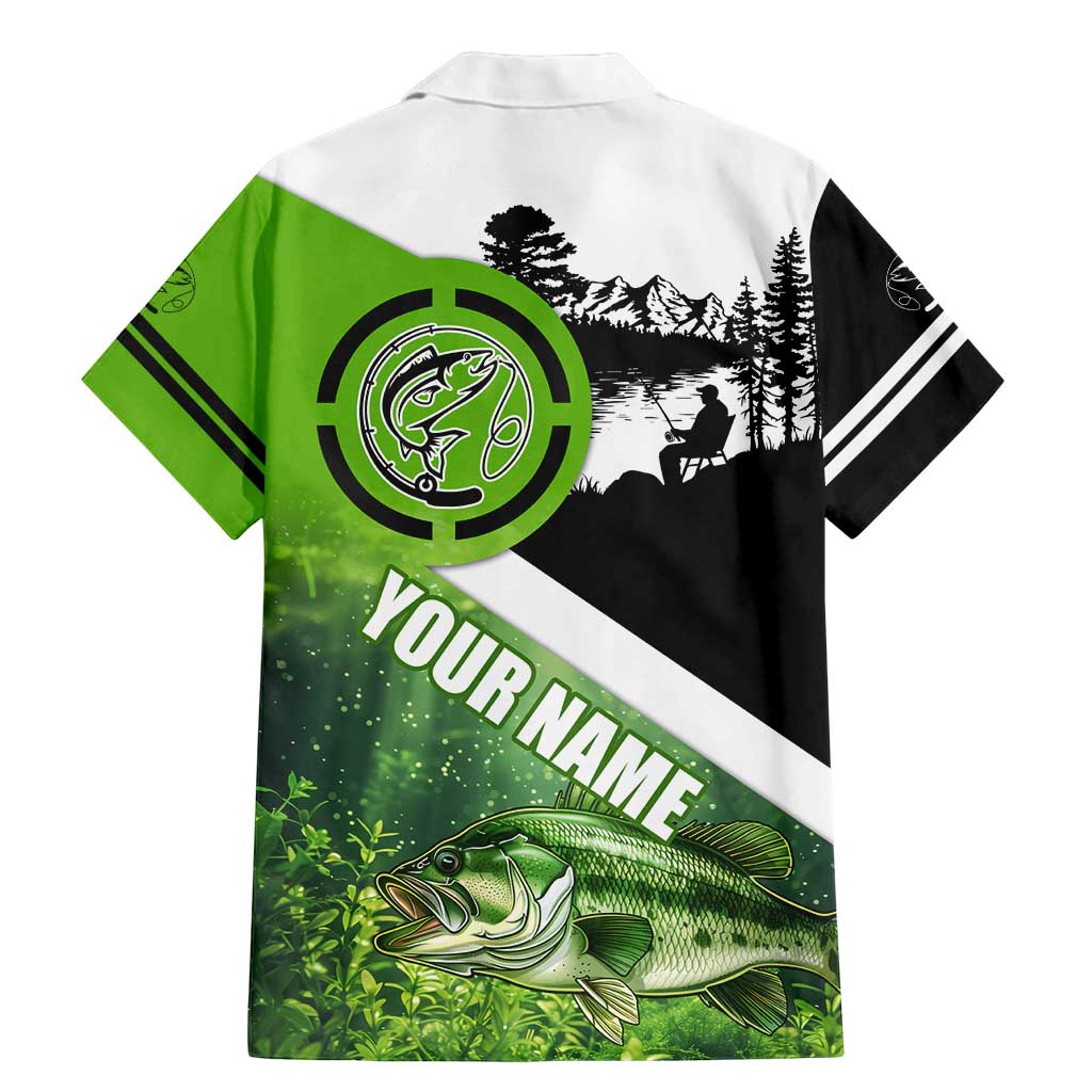 Green and Black Largemouth Bass Fishing Family Matching Mermaid Dress and Hawaiian Shirt Custom Name Design and Angler Silhouette Illustration - Wonder Print Shop