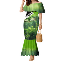 Green and Black Largemouth Bass Fishing Family Matching Mermaid Dress and Hawaiian Shirt Custom Name Design and Angler Silhouette Illustration - Wonder Print Shop
