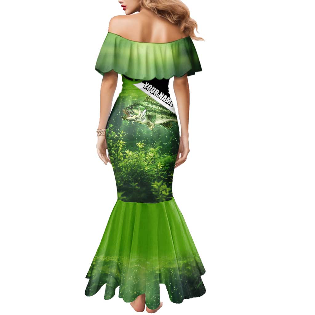 Green and Black Largemouth Bass Fishing Family Matching Mermaid Dress and Hawaiian Shirt Custom Name Design and Angler Silhouette Illustration - Wonder Print Shop