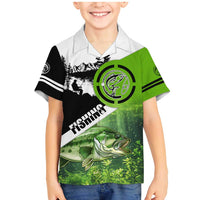 Green and Black Largemouth Bass Fishing Family Matching Mermaid Dress and Hawaiian Shirt Custom Name Design and Angler Silhouette Illustration - Wonder Print Shop