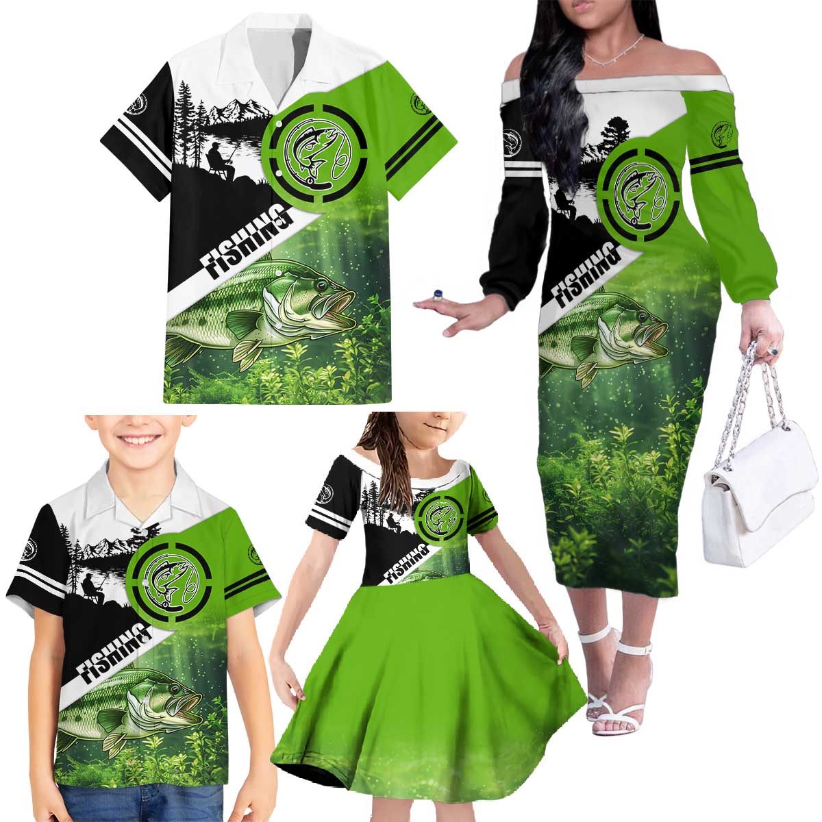 Green and Black Largemouth Bass Fishing Family Matching Off The Shoulder Long Sleeve Dress and Hawaiian Shirt Custom Name Design and Angler Silhouette Illustration - Wonder Print Shop