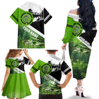 Green and Black Largemouth Bass Fishing Family Matching Off The Shoulder Long Sleeve Dress and Hawaiian Shirt Custom Name Design and Angler Silhouette Illustration - Wonder Print Shop