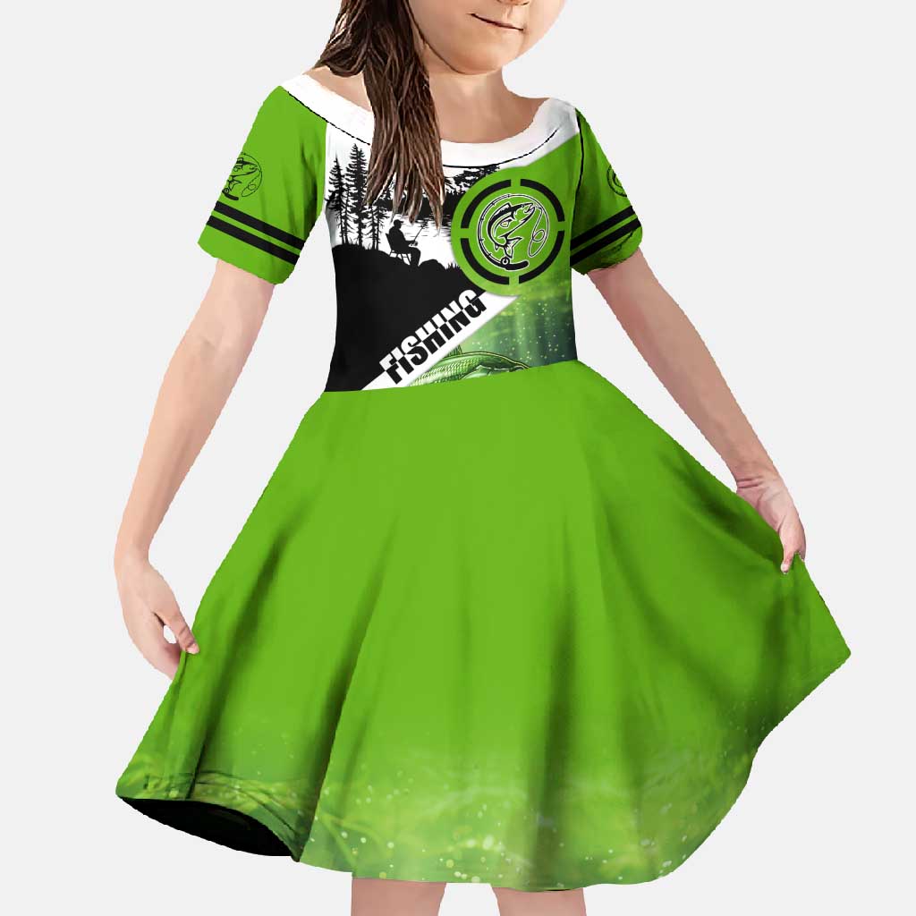 Green and Black Largemouth Bass Fishing Family Matching Off Shoulder Maxi Dress and Hawaiian Shirt Custom Name Design and Angler Silhouette Illustration - Wonder Print Shop