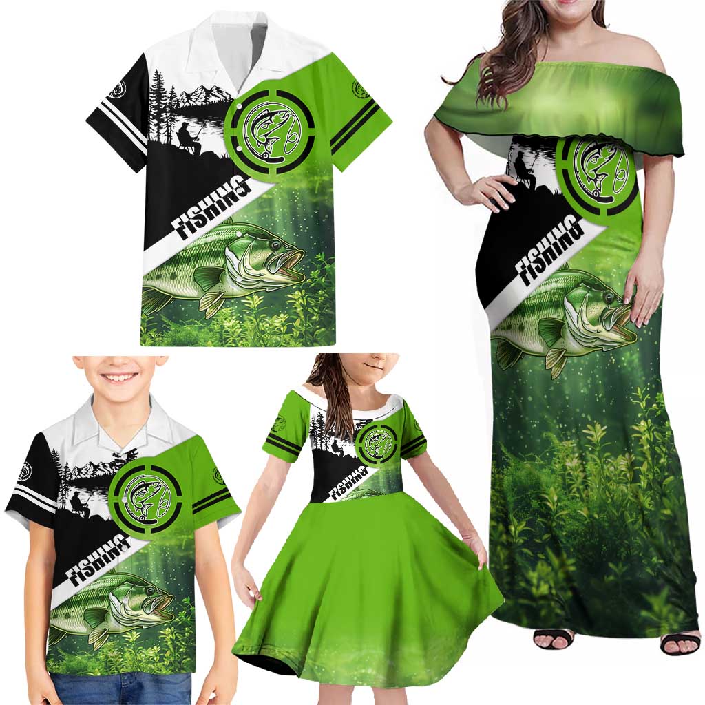 Green and Black Largemouth Bass Fishing Family Matching Off Shoulder Maxi Dress and Hawaiian Shirt Custom Name Design and Angler Silhouette Illustration - Wonder Print Shop