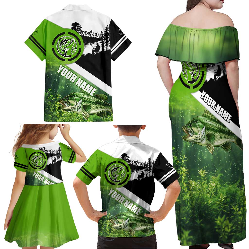 Green and Black Largemouth Bass Fishing Family Matching Off Shoulder Maxi Dress and Hawaiian Shirt Custom Name Design and Angler Silhouette Illustration - Wonder Print Shop