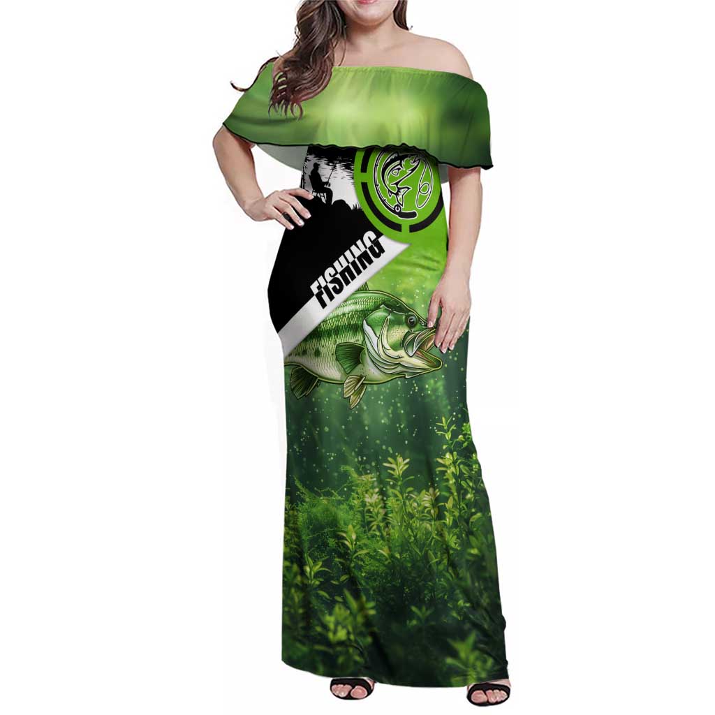 Green and Black Largemouth Bass Fishing Family Matching Off Shoulder Maxi Dress and Hawaiian Shirt Custom Name Design and Angler Silhouette Illustration - Wonder Print Shop