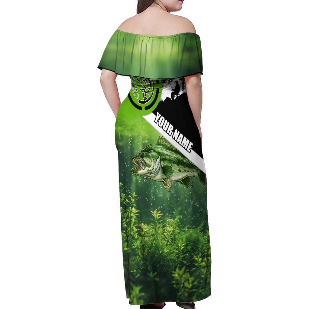 Green and Black Largemouth Bass Fishing Family Matching Off Shoulder Maxi Dress and Hawaiian Shirt Custom Name Design and Angler Silhouette Illustration - Wonder Print Shop