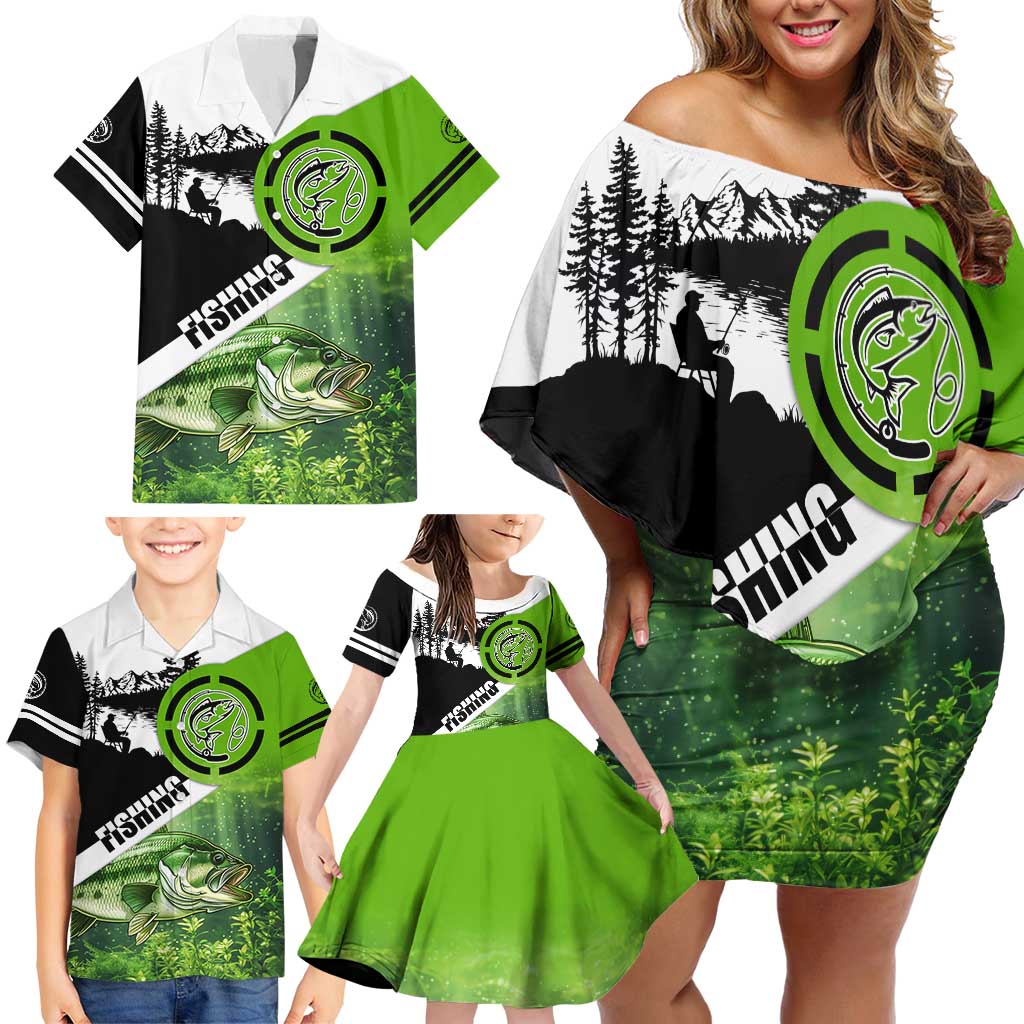 Green and Black Largemouth Bass Fishing Family Matching Off Shoulder Short Dress and Hawaiian Shirt Custom Name Design and Angler Silhouette Illustration - Wonder Print Shop