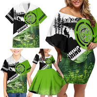 Green and Black Largemouth Bass Fishing Family Matching Off Shoulder Short Dress and Hawaiian Shirt Custom Name Design and Angler Silhouette Illustration - Wonder Print Shop