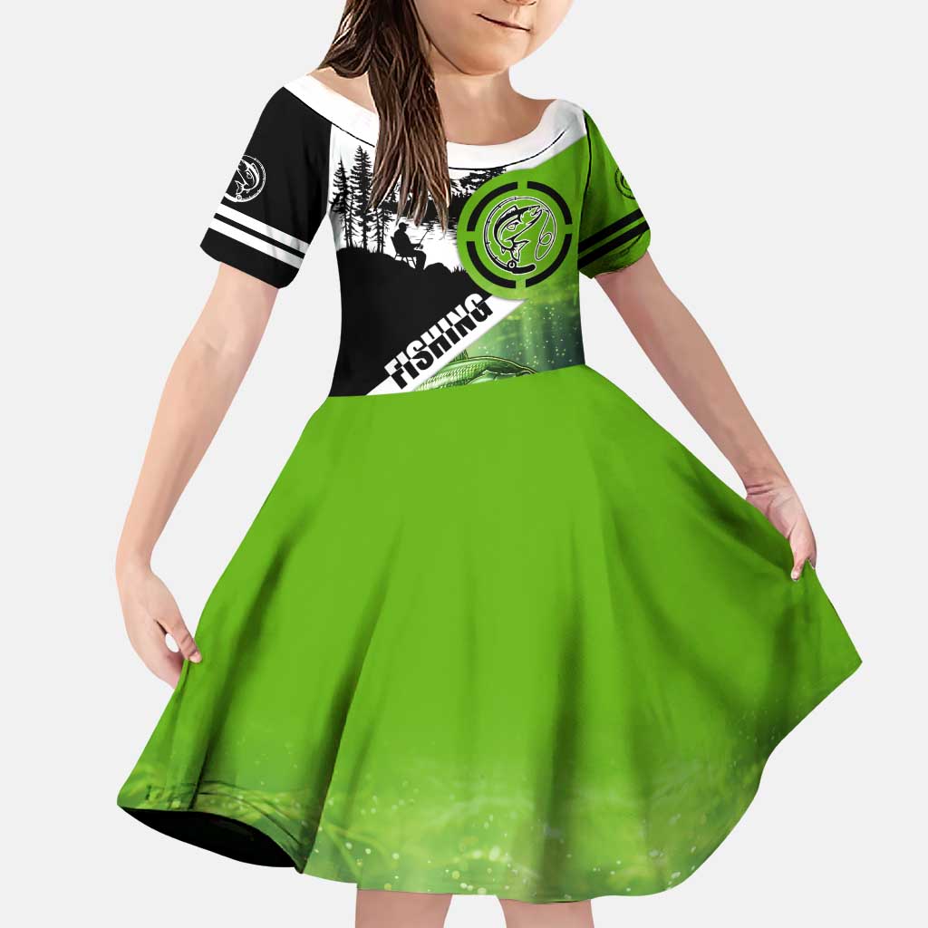 Green and Black Largemouth Bass Fishing Family Matching Puletasi and Hawaiian Shirt Custom Name Design and Angler Silhouette Illustration - Wonder Print Shop