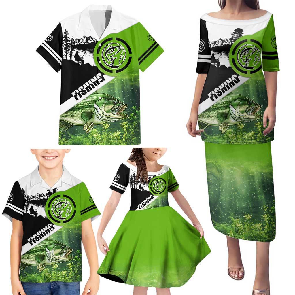 Green and Black Largemouth Bass Fishing Family Matching Puletasi and Hawaiian Shirt Custom Name Design and Angler Silhouette Illustration - Wonder Print Shop
