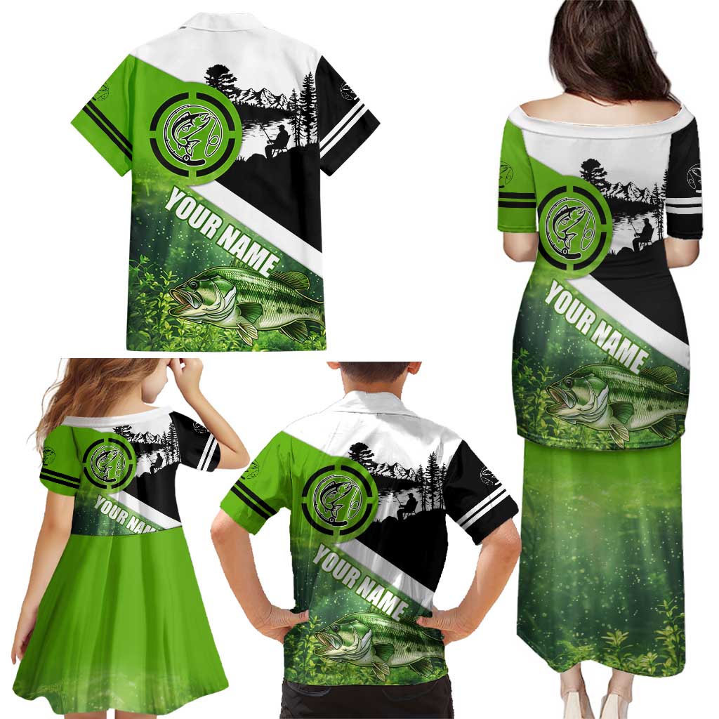Green and Black Largemouth Bass Fishing Family Matching Puletasi and Hawaiian Shirt Custom Name Design and Angler Silhouette Illustration - Wonder Print Shop
