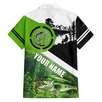 Green and Black Largemouth Bass Fishing Family Matching Puletasi and Hawaiian Shirt Custom Name Design and Angler Silhouette Illustration - Wonder Print Shop