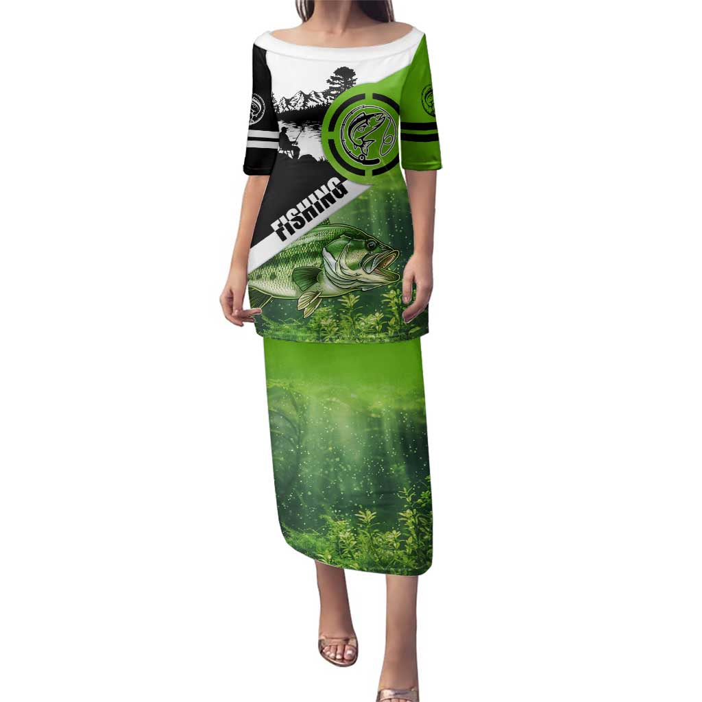 Green and Black Largemouth Bass Fishing Family Matching Puletasi and Hawaiian Shirt Custom Name Design and Angler Silhouette Illustration - Wonder Print Shop