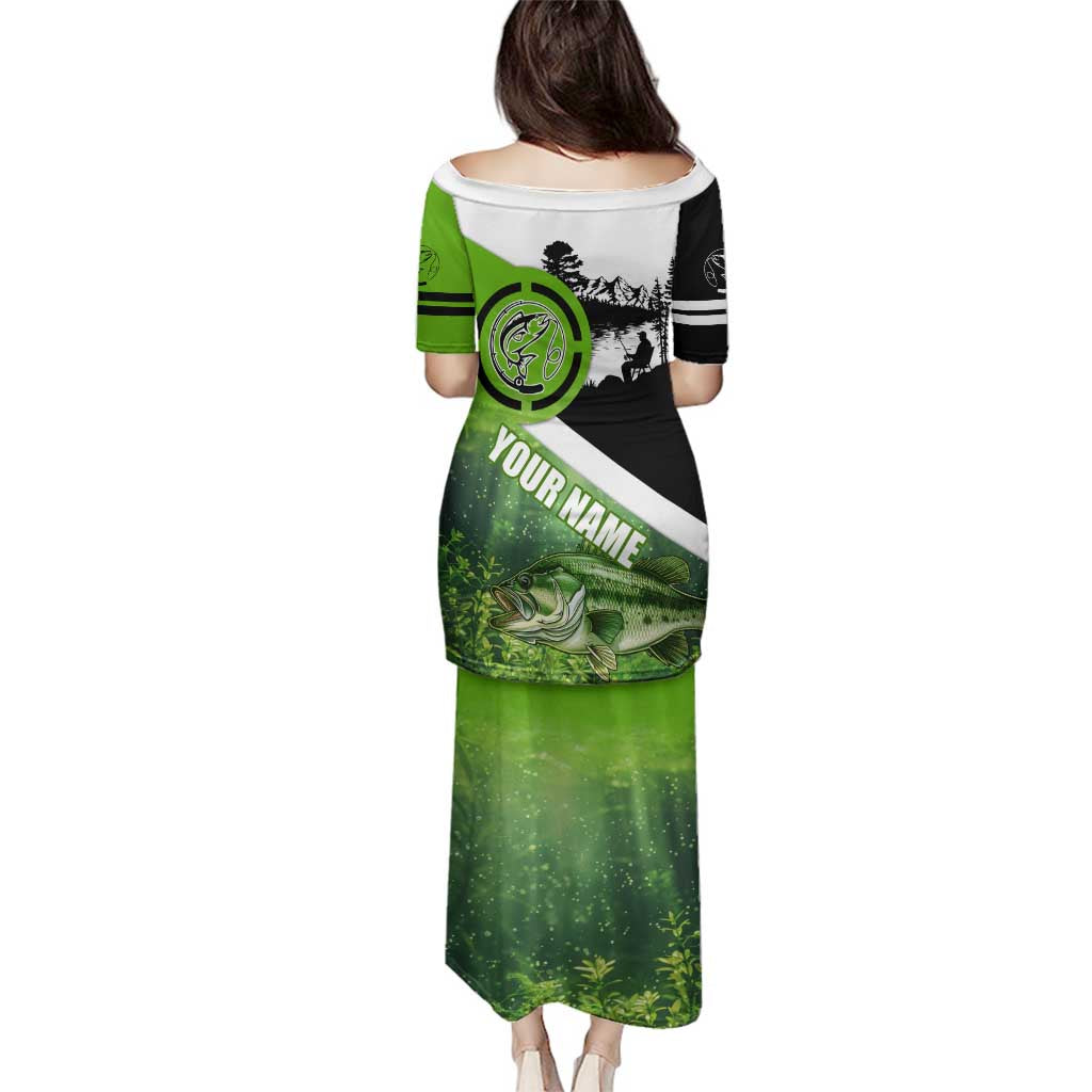 Green and Black Largemouth Bass Fishing Family Matching Puletasi and Hawaiian Shirt Custom Name Design and Angler Silhouette Illustration - Wonder Print Shop