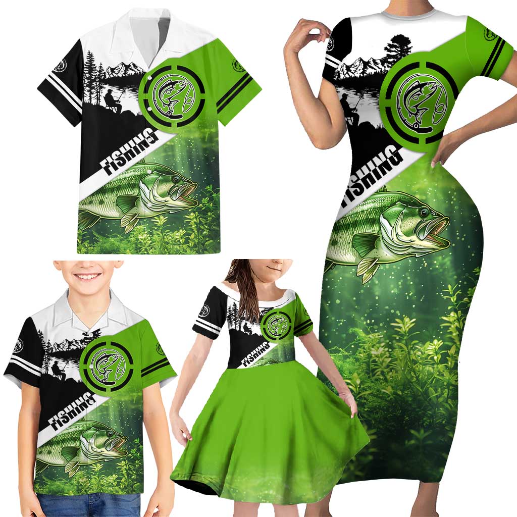 Green and Black Largemouth Bass Fishing Family Matching Short Sleeve Bodycon Dress and Hawaiian Shirt Custom Name Design and Angler Silhouette Illustration - Wonder Print Shop