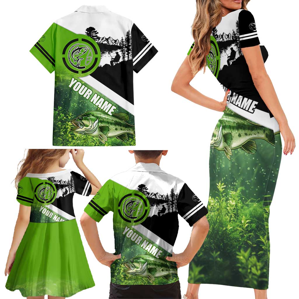 Green and Black Largemouth Bass Fishing Family Matching Short Sleeve Bodycon Dress and Hawaiian Shirt Custom Name Design and Angler Silhouette Illustration - Wonder Print Shop