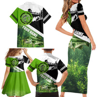 Green and Black Largemouth Bass Fishing Family Matching Short Sleeve Bodycon Dress and Hawaiian Shirt Custom Name Design and Angler Silhouette Illustration - Wonder Print Shop
