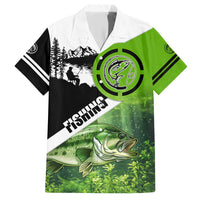 Green and Black Largemouth Bass Fishing Family Matching Short Sleeve Bodycon Dress and Hawaiian Shirt Custom Name Design and Angler Silhouette Illustration - Wonder Print Shop