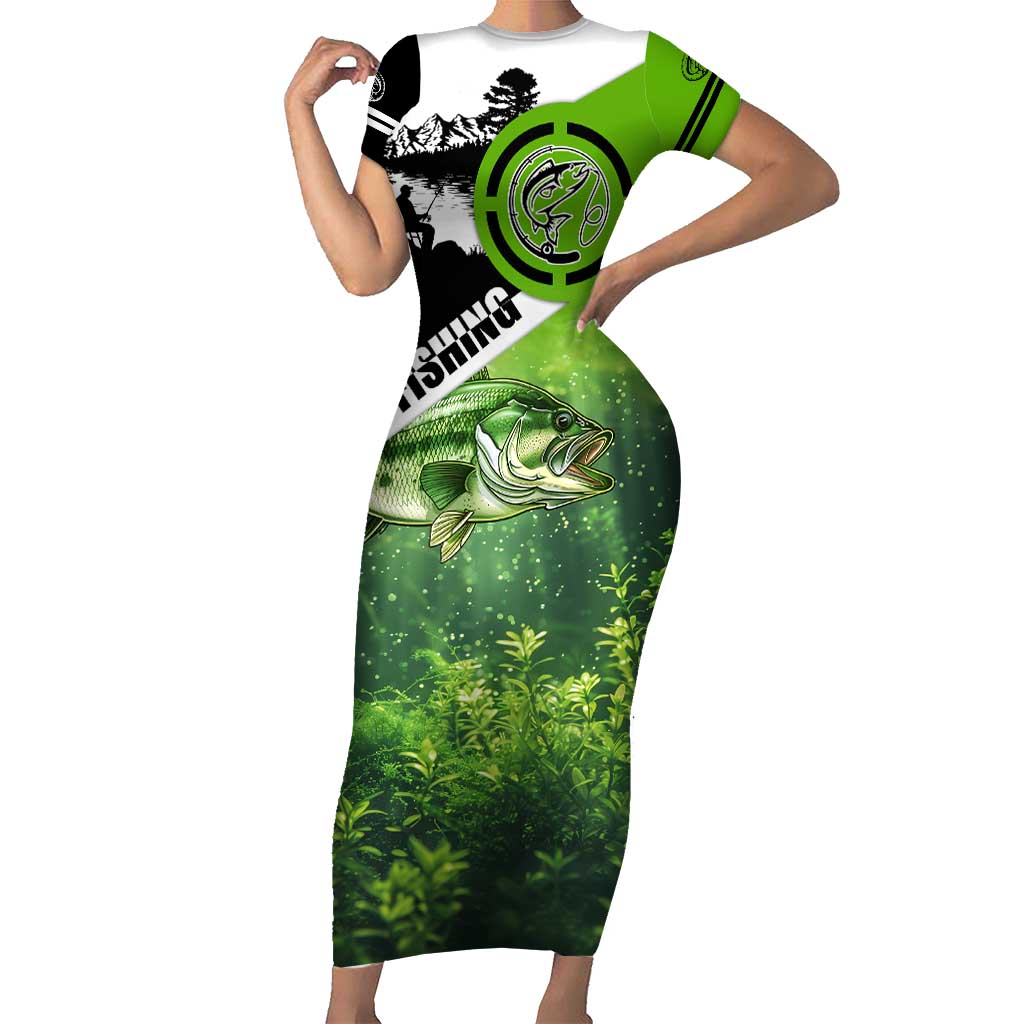 Green and Black Largemouth Bass Fishing Family Matching Short Sleeve Bodycon Dress and Hawaiian Shirt Custom Name Design and Angler Silhouette Illustration - Wonder Print Shop