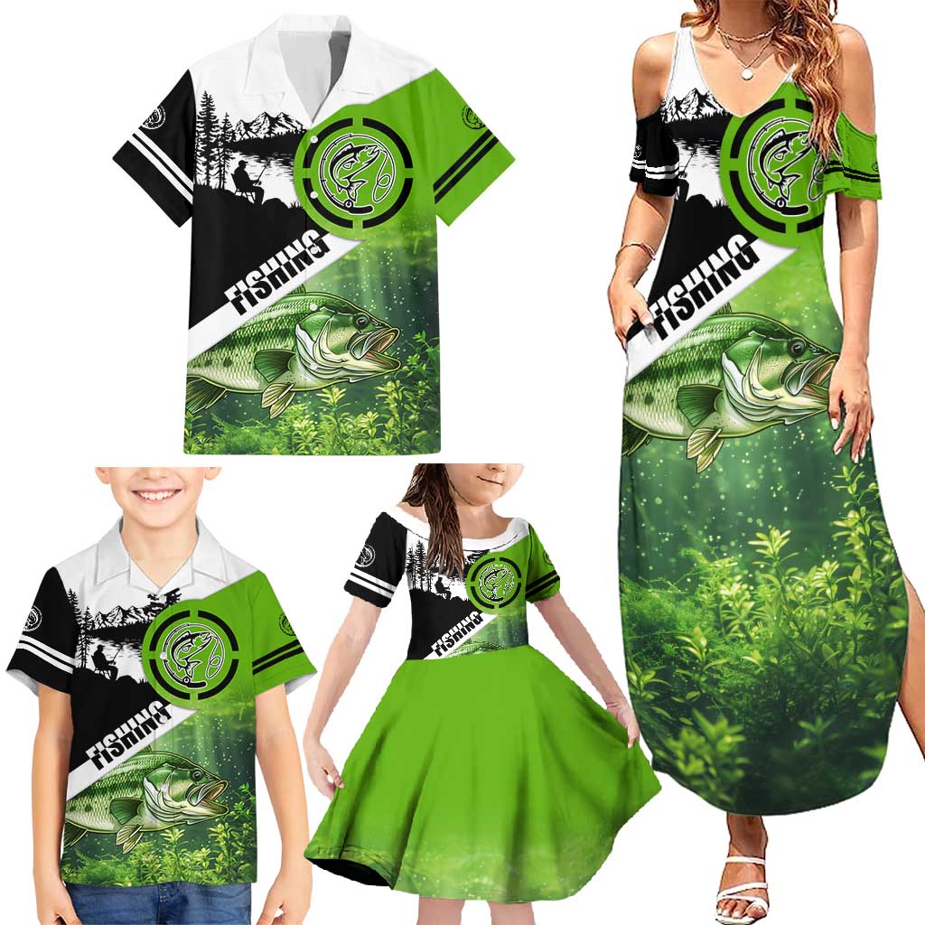 Green and Black Largemouth Bass Fishing Family Matching Summer Maxi Dress and Hawaiian Shirt Custom Name Design and Angler Silhouette Illustration - Wonder Print Shop