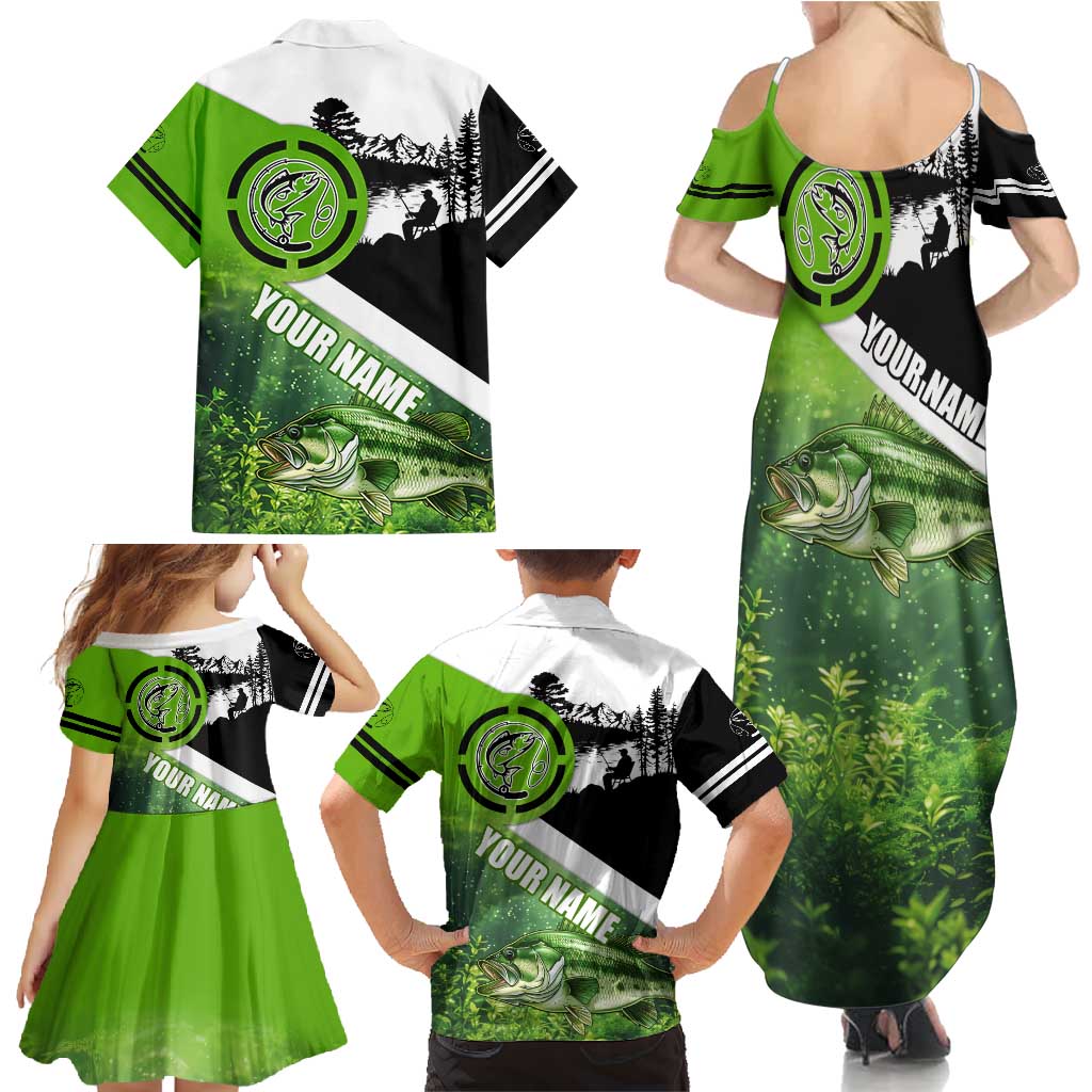 Green and Black Largemouth Bass Fishing Family Matching Summer Maxi Dress and Hawaiian Shirt Custom Name Design and Angler Silhouette Illustration - Wonder Print Shop