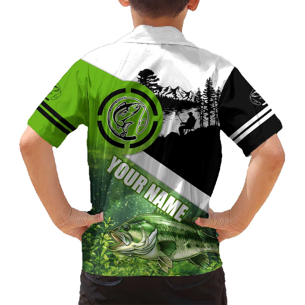 Green and Black Largemouth Bass Fishing Family Matching Tank Maxi Dress and Hawaiian Shirt Custom Name Design and Angler Silhouette Illustration - Wonder Print Shop