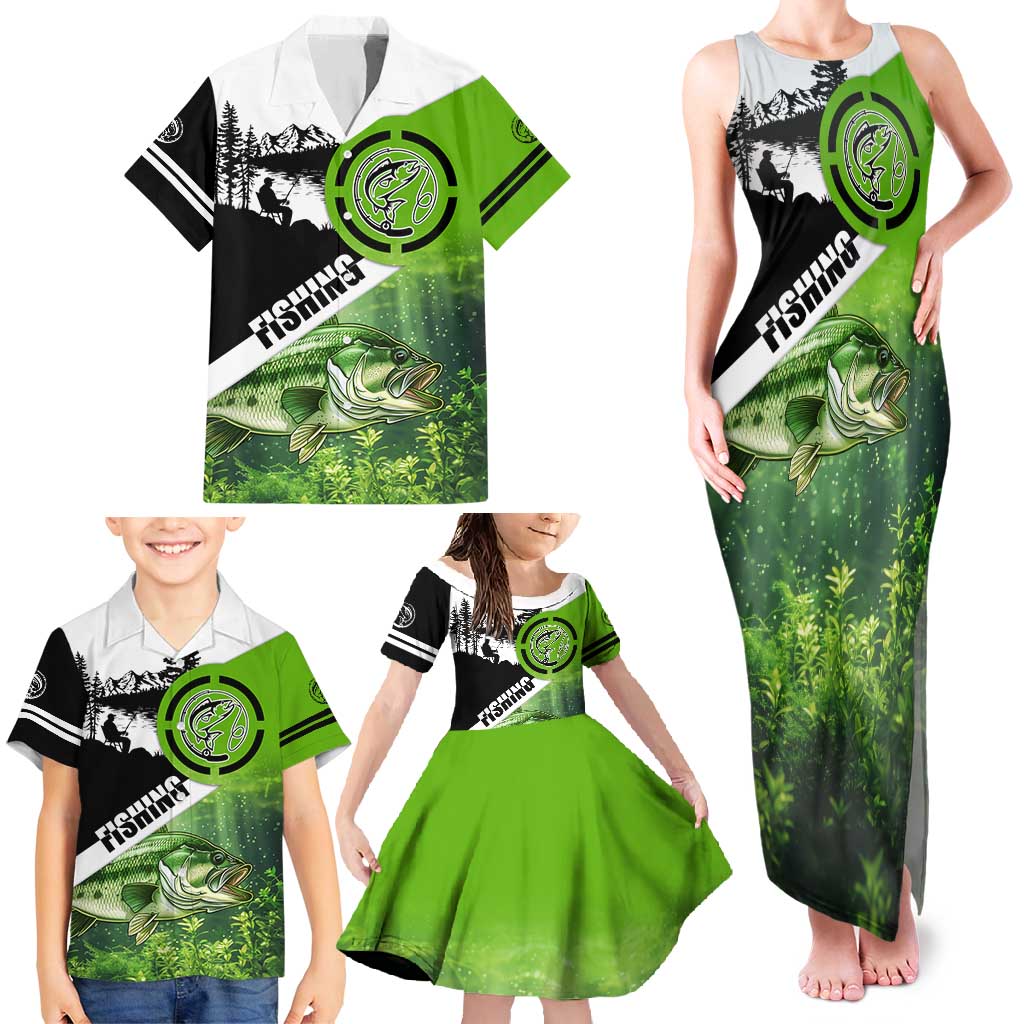 Green and Black Largemouth Bass Fishing Family Matching Tank Maxi Dress and Hawaiian Shirt Custom Name Design and Angler Silhouette Illustration - Wonder Print Shop