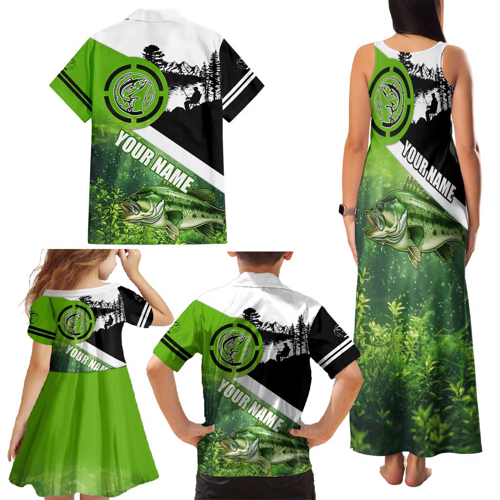 Green and Black Largemouth Bass Fishing Family Matching Tank Maxi Dress and Hawaiian Shirt Custom Name Design and Angler Silhouette Illustration - Wonder Print Shop