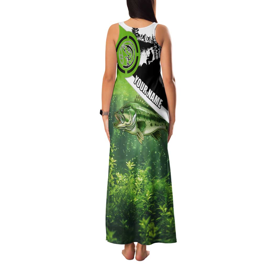 Green and Black Largemouth Bass Fishing Family Matching Tank Maxi Dress and Hawaiian Shirt Custom Name Design and Angler Silhouette Illustration - Wonder Print Shop