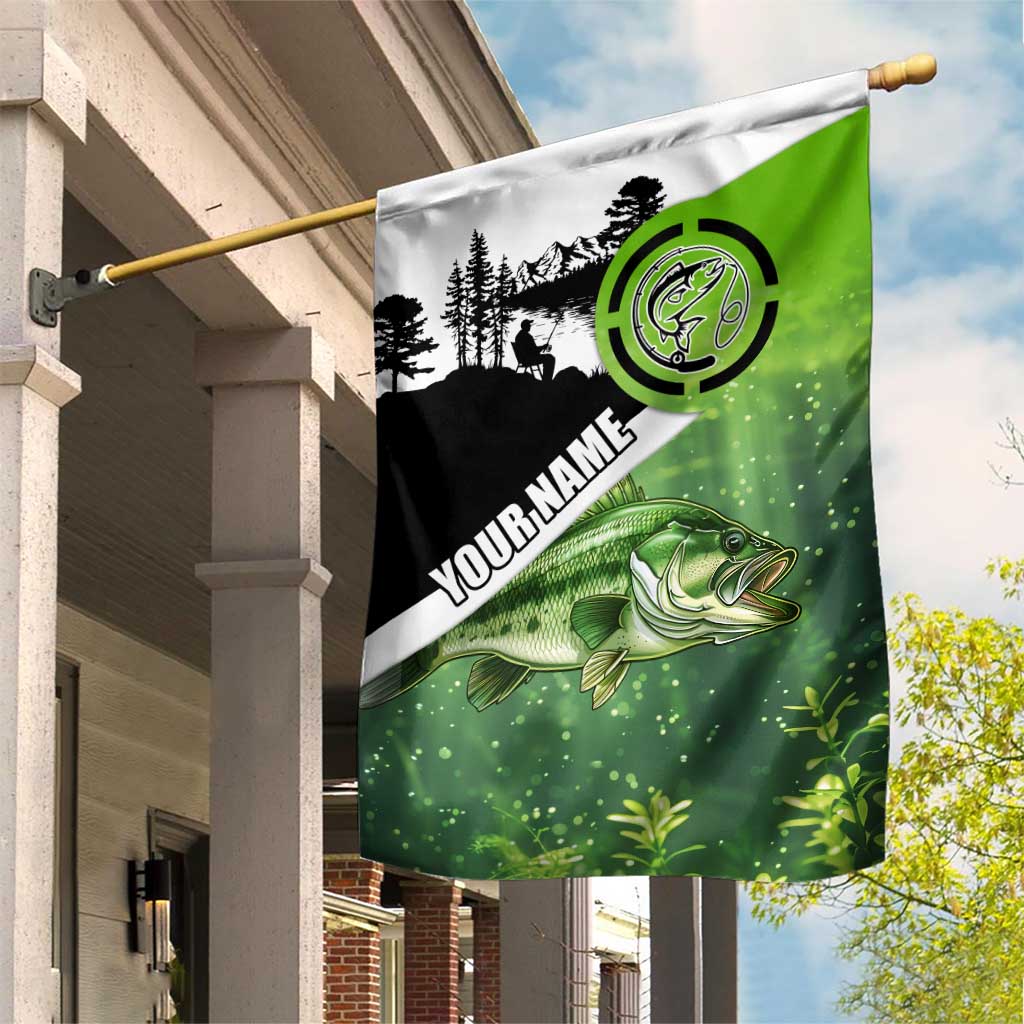 Green and Black Largemouth Bass Fishing Garden Flag Custom Name Design and Angler Silhouette Illustration - Wonder Print Shop