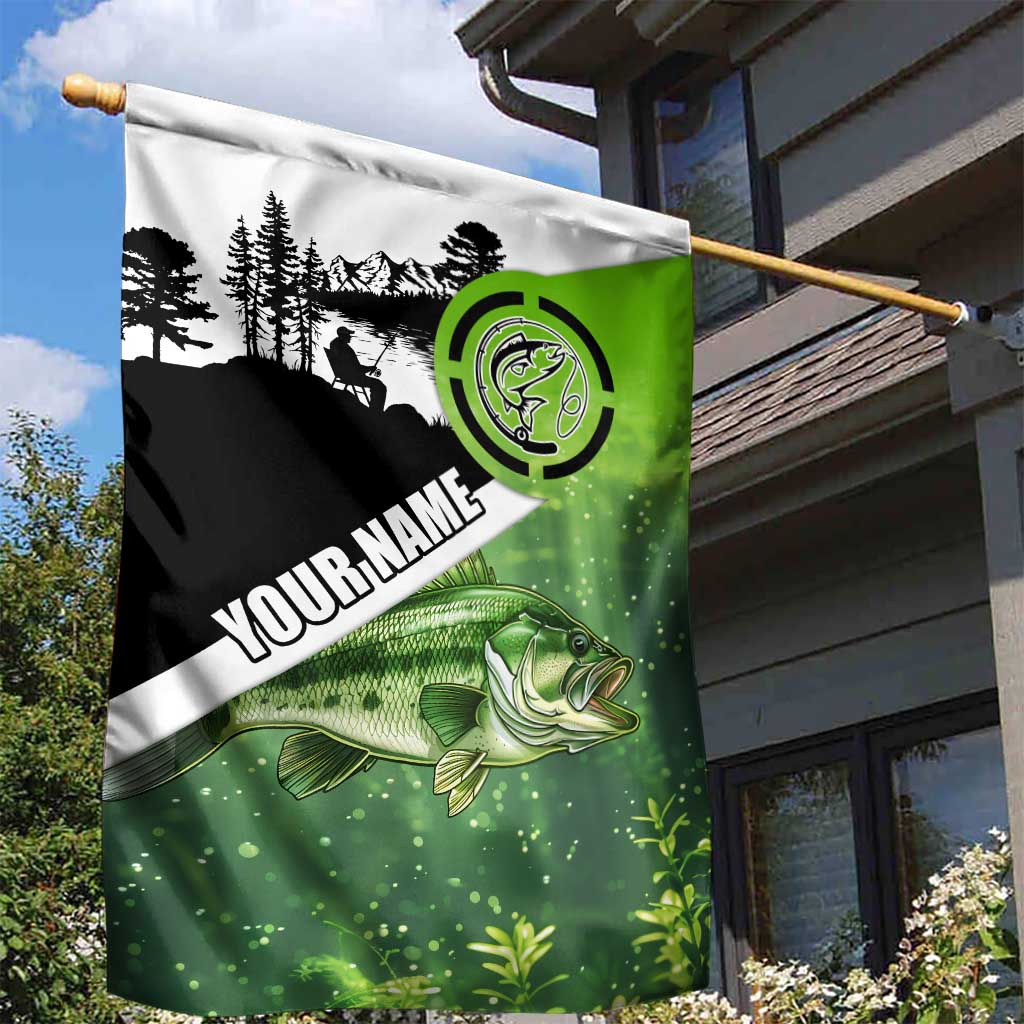 Green and Black Largemouth Bass Fishing Garden Flag Custom Name Design and Angler Silhouette Illustration - Wonder Print Shop