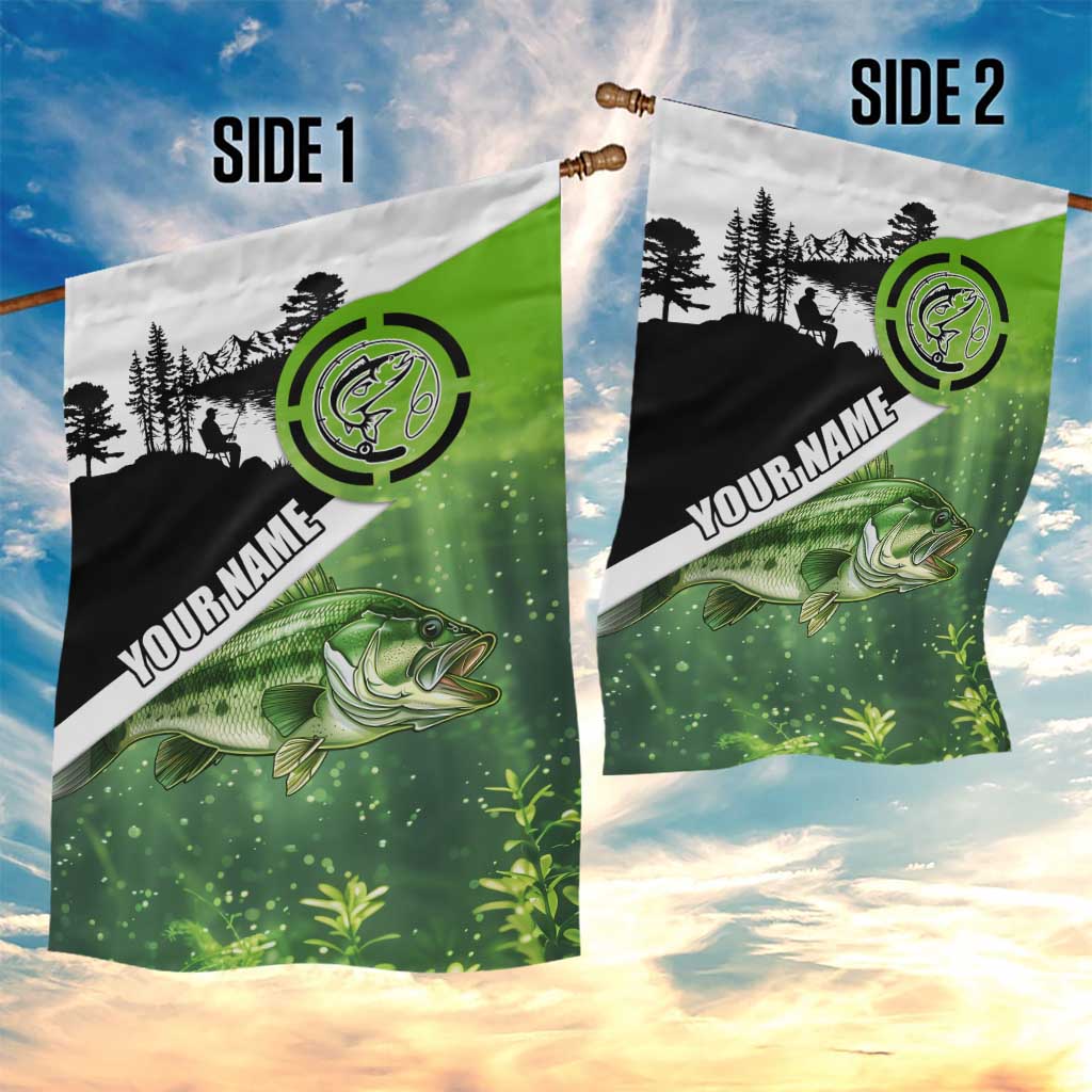 Green and Black Largemouth Bass Fishing Garden Flag Custom Name Design and Angler Silhouette Illustration - Wonder Print Shop