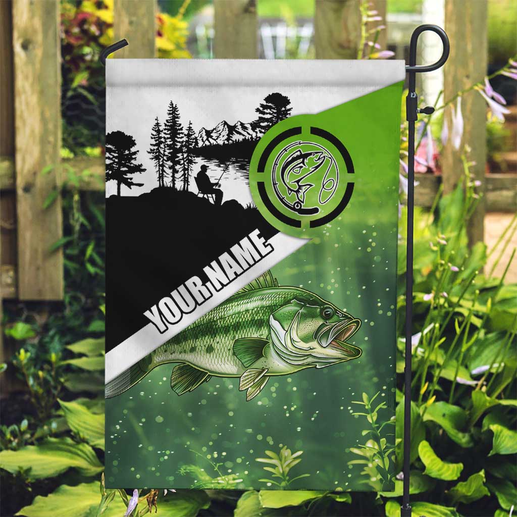 Green and Black Largemouth Bass Fishing Garden Flag Custom Name Design and Angler Silhouette Illustration - Wonder Print Shop